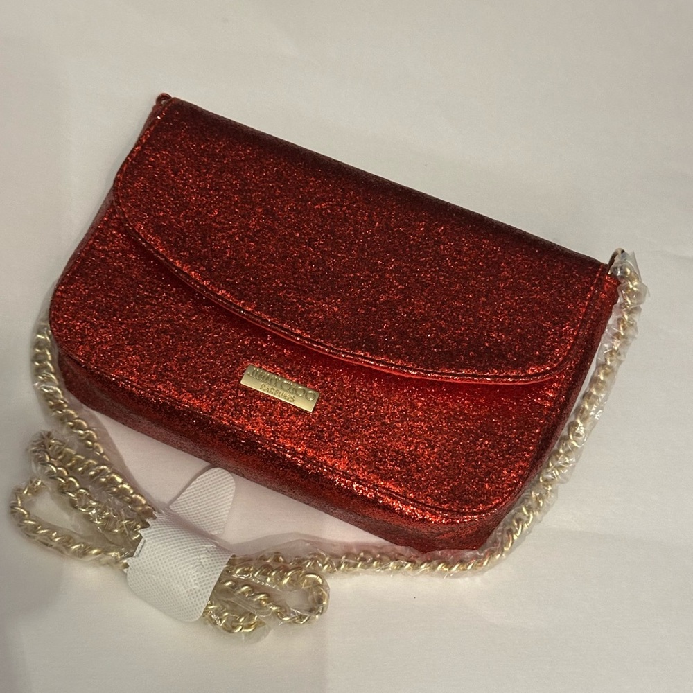 Jimmy Choo Red Sparkly Clutch with Gold Chain NWOT